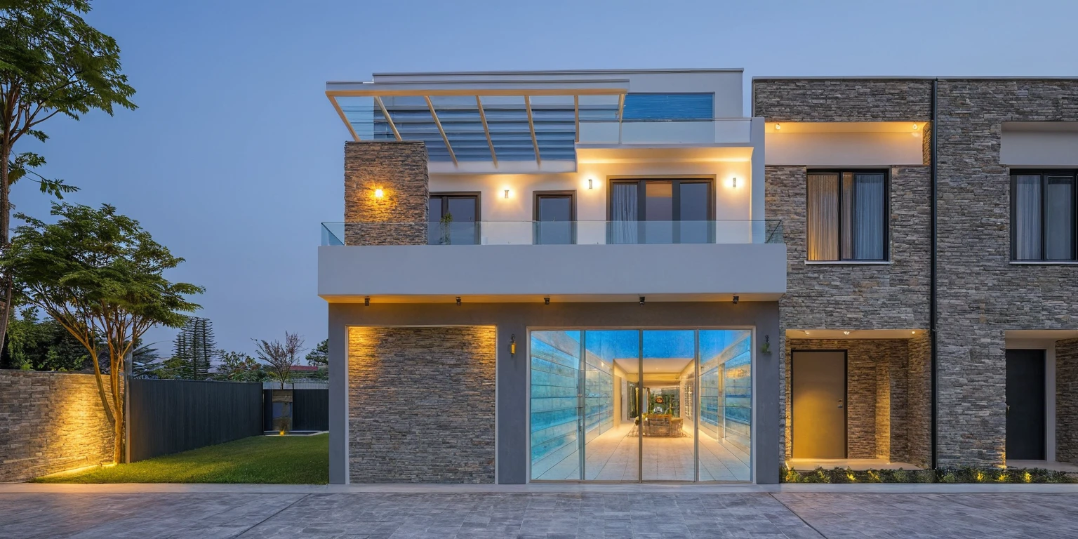2-storey townhouse, modern minimalist architecture, white morning light, brightly painted walls, stone accents, glass door, interior scene, The house lights are on, reality, true, true: 1.37, best quality, 8k, High resolution, masterpiece: 1.2, super detailed, Vivid colors, HDR, UHD, studio lighting, Physics-based rendering, Extremely detailed description, professional