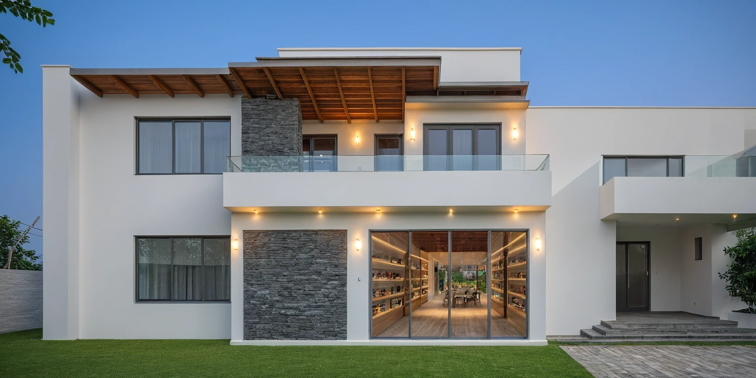 2-storey townhouse, modern minimalist architecture, white morning light, brightly painted walls, stone accents, glass door, interior scene, The house lights are on, reality, true, true: 1.37, best quality, 8k, High resolution, masterpiece: 1.2, super detailed, Vivid colors, HDR, UHD, studio lighting, Physics-based rendering, Extremely detailed description, professional
