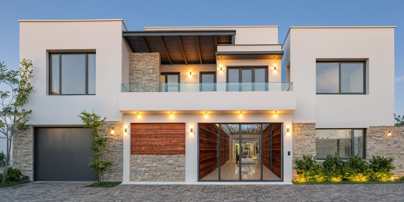 2-storey townhouse, modern minimalist architecture, white morning light, brightly painted walls, stone accents, glass door, interior scene, The house lights are on, reality, true, true: 1.37, best quality, 8k, High resolution, masterpiece: 1.2, super detailed, Vivid colors, HDR, UHD, studio lighting, Physics-based rendering, Extremely detailed description, professional