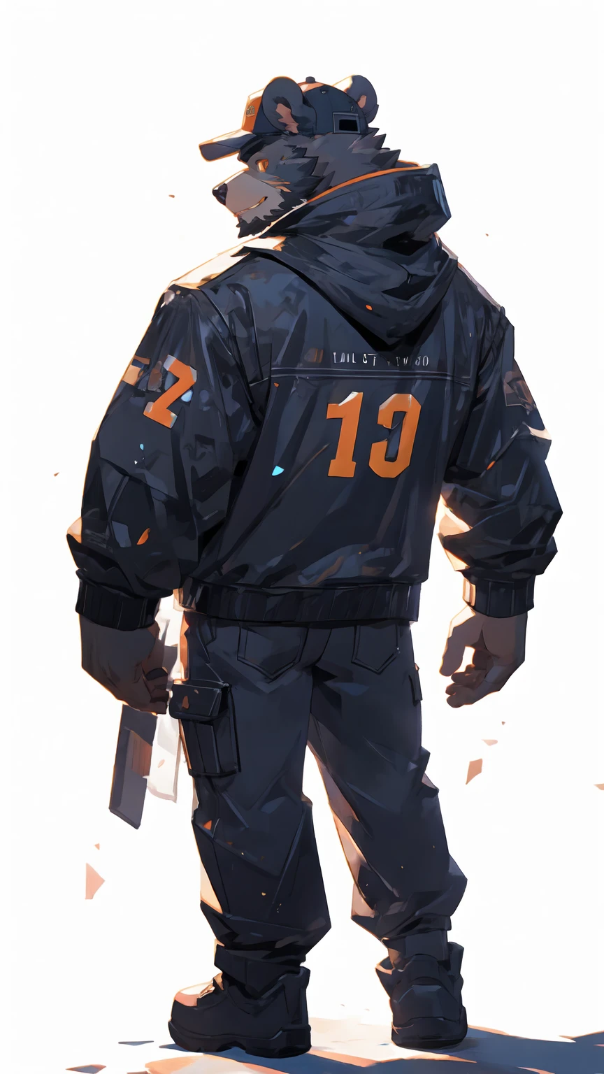 (masterpiece:1.2), best quality,pixiv,official art,perfect anatomy, (Ray tracing, light),solo, (1_male:1.3) , (muscle), (grey fur:1.4), (muscle bear), (beard:1.2), (gleaming golden eyes), bear tail, full body, Thick black eyebrows, baseball cap, (open short hoodie), (naked inside),Ripped short jeans, black short boots, (pure white background: 1.3), back view, (rear view:1.3)