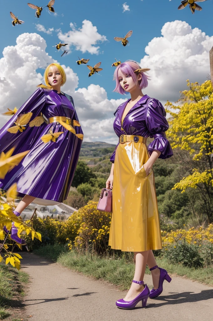 Woman wearing long purple patent leather dress, bee, with purple eyes, by white, reddened cheeks, blue lips, parts, over cloud landscape, with colorful birds flying, leaves in hand, brown and yellow colors, pastel colored hair purse, pink crystal shoes,