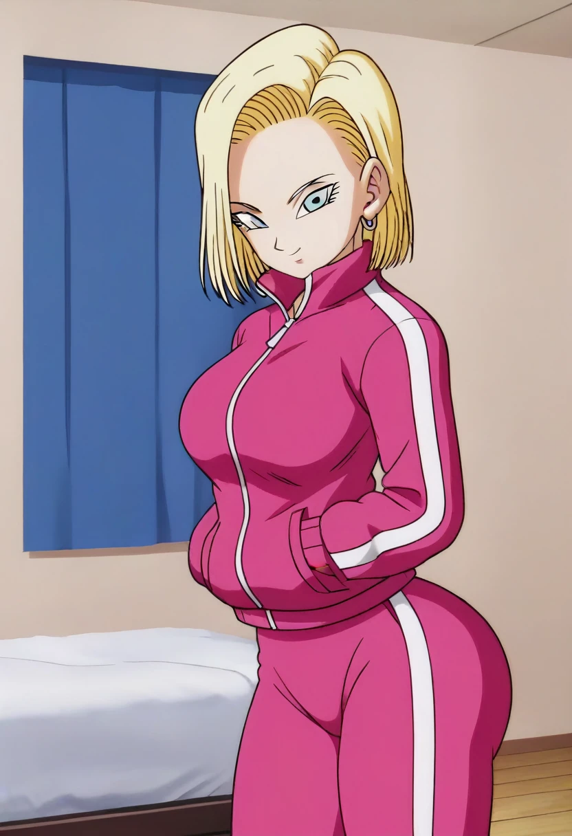 source_anime, score_9, score_8_up, score_7_up, anime screencap,
detailed face, android 18, supertop, 1girl, solo, looking at viewer, short hair, blue eyes, blonde hair, Big breasts, collarbone, hoop earrings, bedroom, collar up, track jacket, pink jacket, track suit, track pants, pink pants, standing, hands in pockets, bent over, Big ass, sexy ass, thick legs, wide hips,
