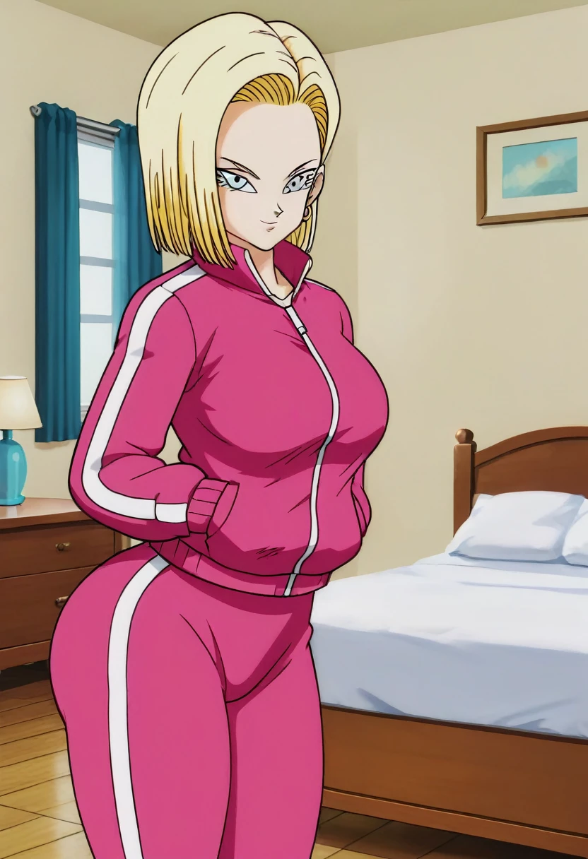 source_anime, score_9, score_8_up, score_7_up, anime screencap,
detailed face, android 18, supertop, 1girl, solo, looking at viewer, short hair, blue eyes, blonde hair, Big breasts, collarbone, hoop earrings, bedroom, collar up, track jacket, pink jacket, track suit, track pants, pink pants, standing, hands in pockets, bent over, Big ass, sexy ass, thick legs, wide hips,
