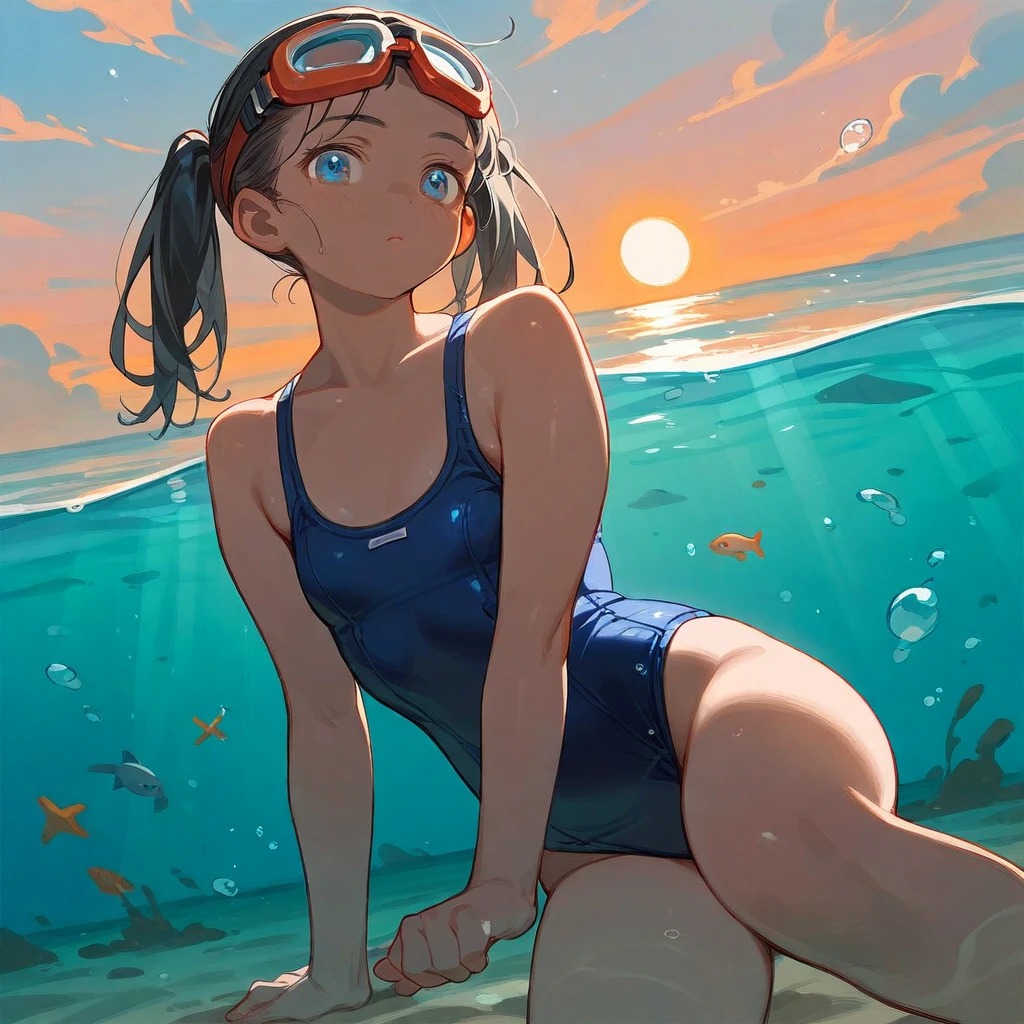 score_9_up, score_8_up, score_7_up, score_6_up, source_アニメ,2d, flat、Black Hair、Pigtails、Navy blue school swimsuit、Brown skin, glowing skin、Red underwater goggles, sandy beach、Sunset, evening
