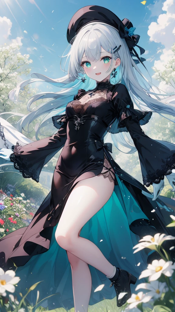 8K UHD, Digital SLR, Soft lighting, High quality, ((best quality)) ((best quality)), ((masterpiece)), (detailed), 4k image, anime style, androgynous facial looks, beautiful anime girl, arrogant and disdainful expression, silver-white hair tied into single short ponytail, chiseled and toned slender body, minimal breasts, small narrow waist protruding to tiny but shapely curves, black opaque simple knee-length sundress covering the whole body, small sandals, forestry and meadow background, human individual, short height(150cm)