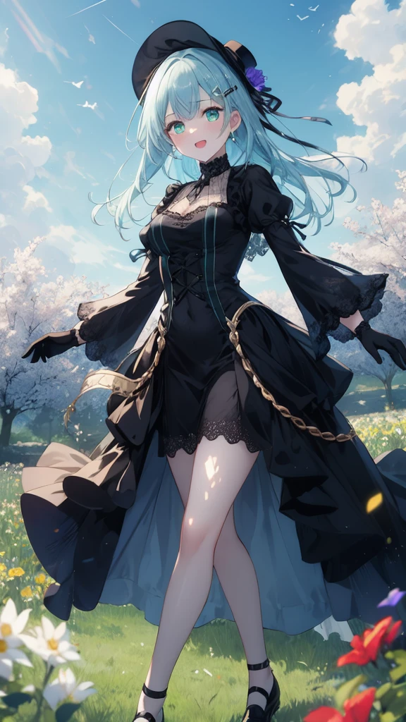 (8K, best quality, master piece: 1.3),super high resolution,1 girl, solo, full body ,ultra-detailed face, silme, (ash hair), thin hair clip, cyan colorshift eyes, expressive eyes, Ecstatic expression, Victorian-style dress, lace, satin, black, red, hat, gloves, In the flower field, colorful, green, blue sky, bright and vivid