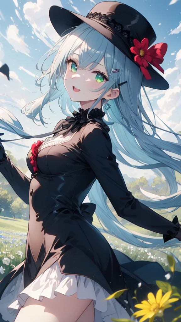 (8K, best quality, master piece: 1.3),super high resolution,1 girl, solo, full body ,ultra-detailed face, silme, (ash hair), thin hair clip, cyan colorshift eyes, expressive eyes, Ecstatic expression, Victorian-style dress, lace, satin, black, red, hat, gloves, In the flower field, colorful, green, blue sky, bright and vivid