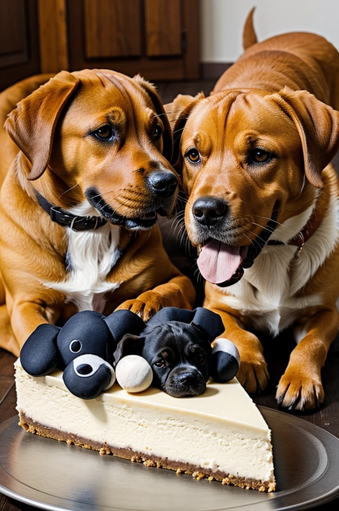 Puppy and dog eating cheesecake 