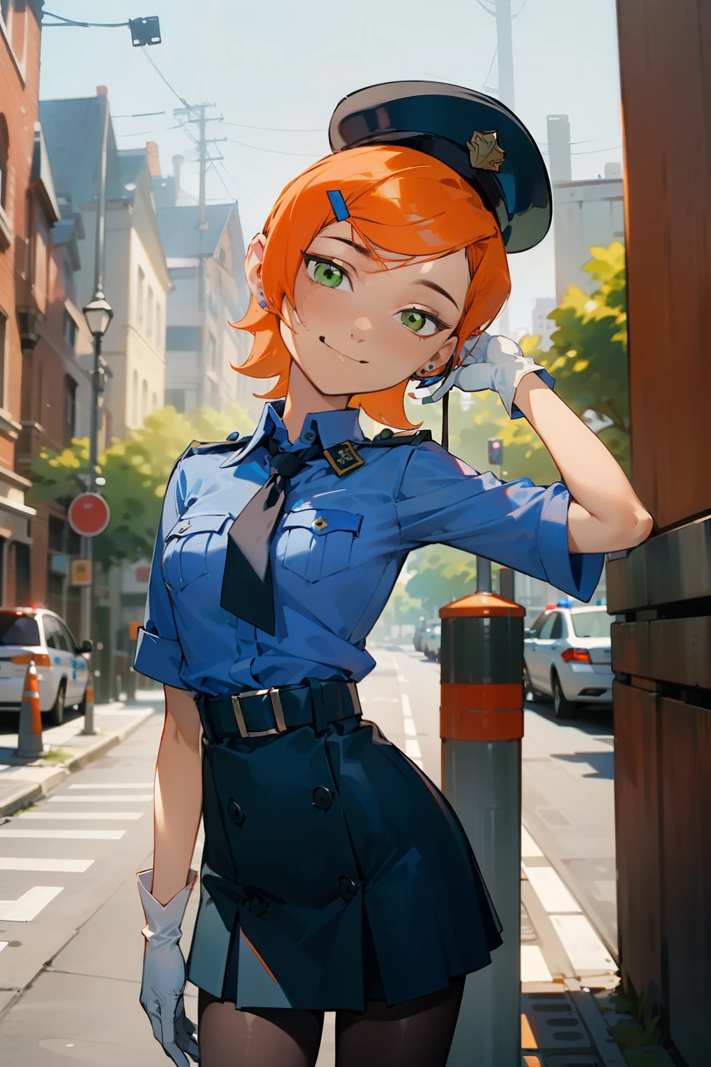 (masterpiece, best quality), 1girl(beautiful face, gwendolyn_tennyson, breasts, orange hair, short hair, green eyes),detailed face, smile, solo, head tilt, police woman, low blue shirts, belts, dark blue skirt, brown pantyhose, police hat, white gloves, outdoor, standing , sexy waist teasing, a seductive pose