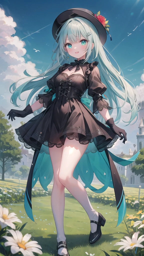 (8K, best quality, master piece: 1.3),super high resolution,1 girl, solo, full body ,ultra-detailed face, silme, (ash hair), thin hair clip, cyan colorshift eyes, expressive eyes, Ecstatic expression, Victorian-style dress, lace, satin, black, red, hat, gloves, In the flower field, colorful, green, blue sky, bright and vivid
