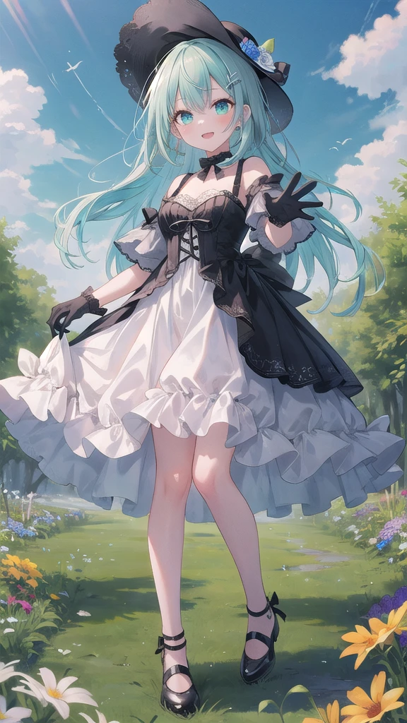 (8K, best quality, master piece: 1.3),super high resolution,1 girl, solo, full body ,ultra-detailed face, silme, (ash hair), thin hair clip, cyan colorshift eyes, expressive eyes, Ecstatic expression, Victorian-style dress, lace, satin, black, red, hat, gloves, In the flower field, colorful, green, blue sky, bright and vivid