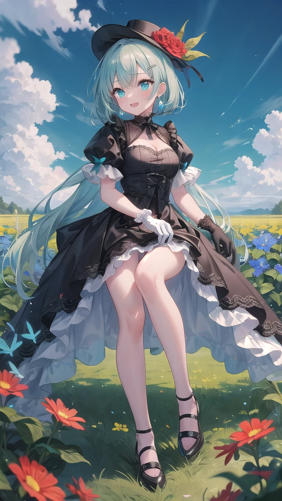 (8K, best quality, master piece: 1.3),super high resolution,1 girl, solo, full body ,ultra-detailed face, silme, (ash hair), thin hair clip, cyan colorshift eyes, expressive eyes, Ecstatic expression, Victorian-style dress, lace, satin, black, red, hat, gloves, In the flower field, colorful, green, blue sky, bright and vivid