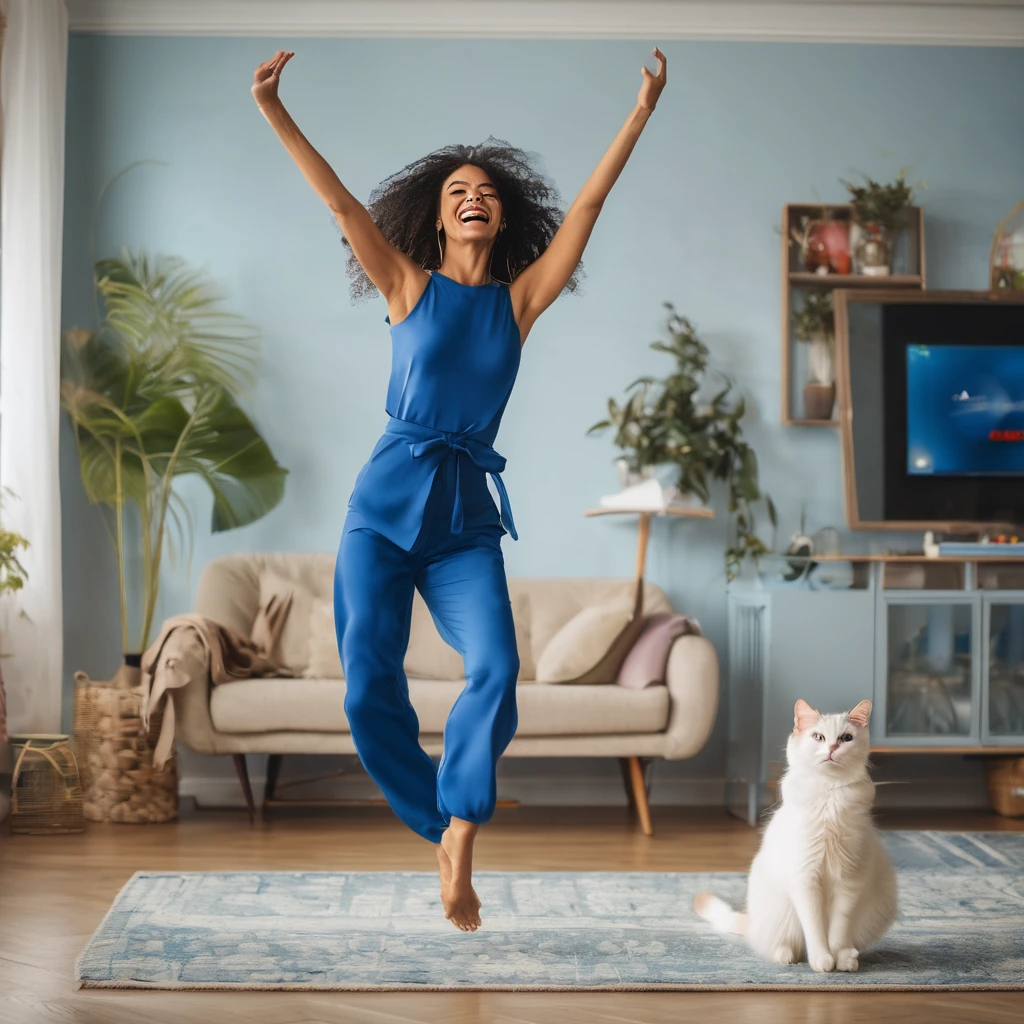 stunning beautiful woman dancing energetically on the left side of the living room. she is wearing a blue outfit and has their arms raised high. In the background, there's a large TV mounted on the wall no image in the front of the camera The room has typical living room furniture including a TV stand with a white cat sitting and some decorative items on it. The person seems to be in high spirits, potentially dancing