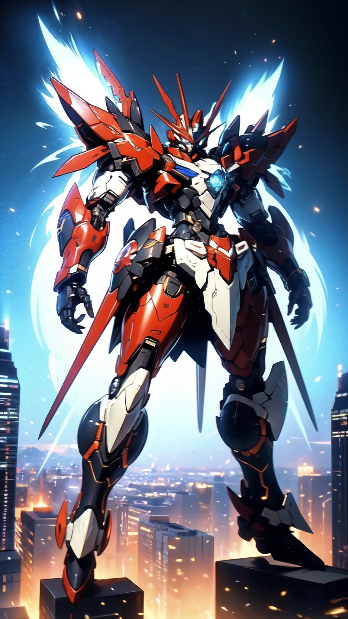(masterpiece:1.5, best quality:1.5, extremely delicate:1.5), humanoid Mecha, fully enclosed shoulder guards, matching arm and leg guards, full body, full armor, the design balances heavy with agility, (the color scheme is primarily white with red and blue accents, the concept Inspired by Super robot, organic biotech armor, standing, floating high above the futuristic sci-fi city), exquisite and mature art style, (aura effect, energy, glowing eyes, the armor glows), ((RRS:1.2)), metallic, dramatic, high definition, highres, ultra-detailed, ultra-fine painting, professional, perfect body proportions, anatomically correct, symmetrical face, extremely detailed eyes and face, high quality eyes, creativity, RAW photo, UHD, 32k, Natural light, cinematic lighting, masterpiece-anatomy-perfect