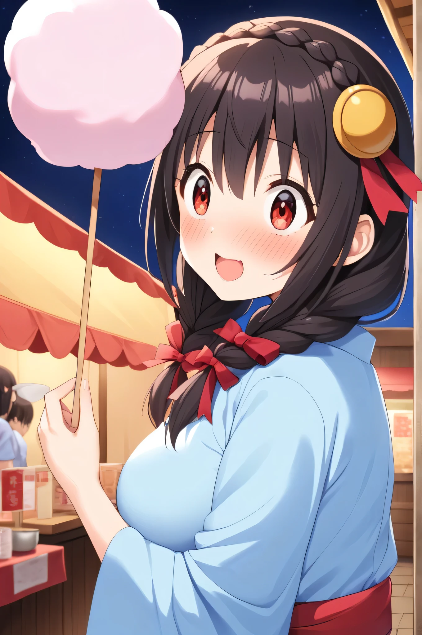 alone, One girl、Crown braids in the same color as your hair, hair ornaments, Hair Ribbon,(A light blue kimono with a red floral pattern and a red obi.)、Red Eyes、Black Hair、(blush:1.5)、(Surprised face:1.7)、Larger breasts、(Licking cotton candy:1.2)、The background is a night stall、Look Back