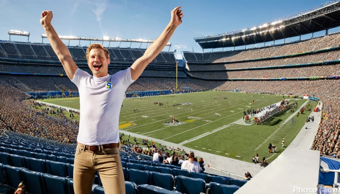 (Practical,Reality,Photo-real:1.37),Extremely detailed,Swedish man,20 years old,Healthy body,White short-sleeved top,jeans,Shown in ((Stand in the audience)) stadium,The background is the NFL game field,the audience was very large,(be booked up),very excited,author:Jacob Goldman,Bright Lights.,Warm atmosphere,