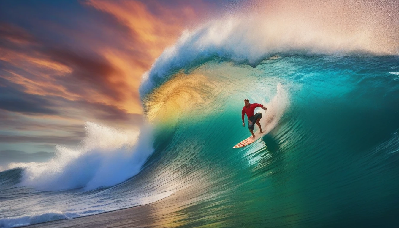 A colorful and eclectic photograph in a photorealistic and cinematic style.
Holding a slice of pizza, a surfer riding a huge wave. 
With a playful and magical atmosphere, the work presents a layered, three-dimensional quality, as if different elements had been glued to the canvas in a natural and realistic way. The composition evokes a feeling of introspection and complexity of thought. The mixed media feel of the piece contributes to the tactile and immersive experience, inviting the viewer to explore the depths of the pedestrian's thoughts and emotions. Add more, photo, fashion, vibrant, 3D rendering, cinematic, landscape., photo, cinematic, fashion, vibrant, wildlife photography