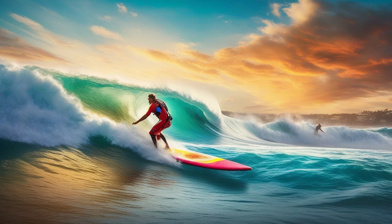 A colorful and eclectic photograph in a photorealistic and cinematic style.
Holding a slice of pizza, a surfer riding a huge wave. 
With a playful and magical atmosphere, the work presents a layered, three-dimensional quality, as if different elements had been glued to the canvas in a natural and realistic way. The composition evokes a feeling of introspection and complexity of thought. The mixed media feel of the piece contributes to the tactile and immersive experience, inviting the viewer to explore the depths of the pedestrian's thoughts and emotions. Add more, photo, fashion, vibrant, 3D rendering, cinematic, landscape., photo, cinematic, fashion, vibrant, wildlife photography