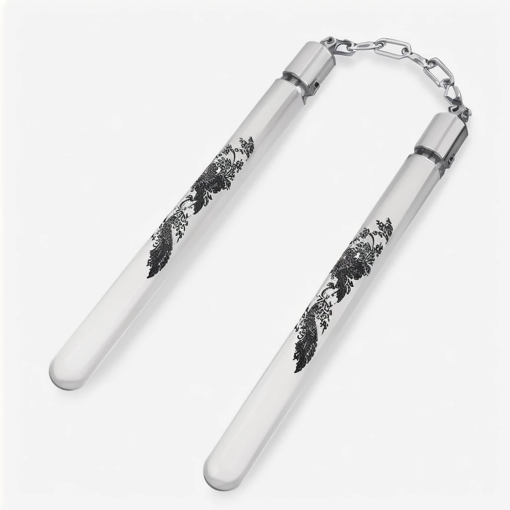 a pair of silver nunchucks, highly detailed, intricate metal textures, glossy reflective surfaces, dramatic lighting, photorealistic, 8k, best quality, masterpiece, cinematic, elegant, sophisticated, dynamic motion blur, dramatic shadows, pristine condition, studio lighting