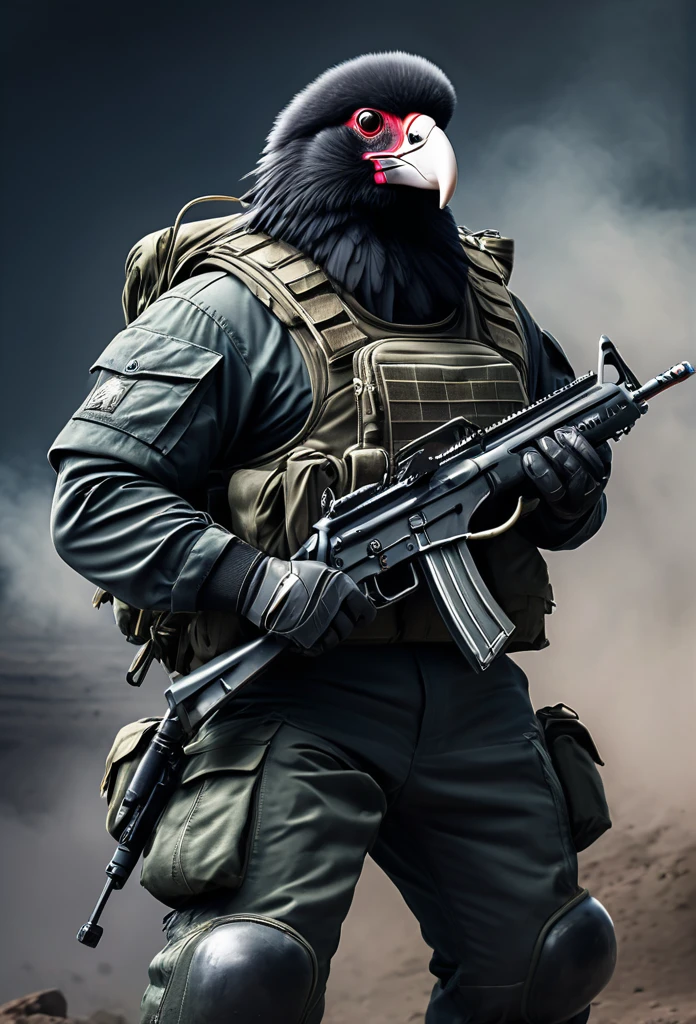 Anthropomorphic image of a muscular Andean condor, dressed in a military uniform of the spetsnaz special forces, with an MCX-Spear assault rifle, in an attack position, full body, full HD, 8k.
