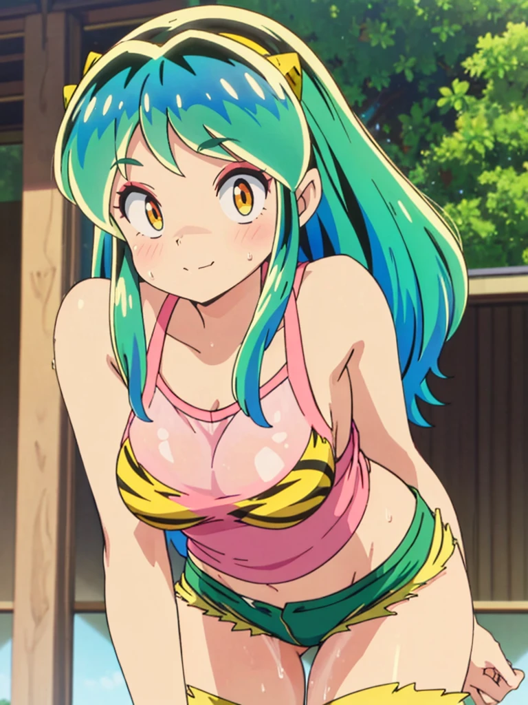 masterpiece, Highest quality, 1 Girl, Lum, Tank top, hot pants, Sweating, Wiping away sweat,anime, From before, blush, Embarrassing, Taking a break, Mature, 18-year-old, Smile, Tokyo, High definition, Green Hair, See-through