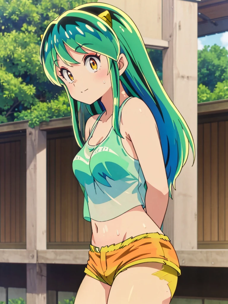 masterpiece, Highest quality, 1 Girl, Lum, Tank top, hot pants, Sweating, Wiping away sweat,anime, From before, blush, Embarrassing, Taking a break, Mature, 18-year-old, Smile, Tokyo, High definition, Green Hair, See-through