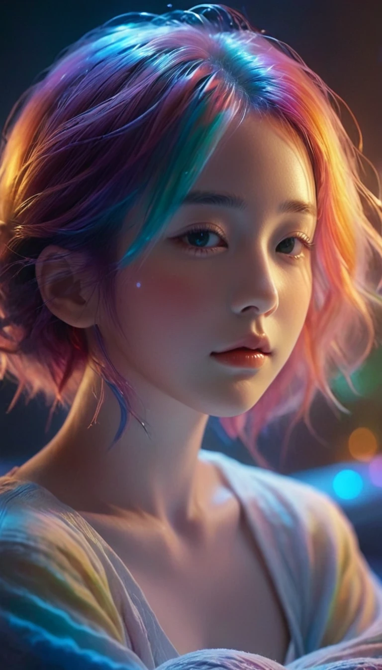 {{masterpiece}}, Highest quality, Highly detailed CG synthesis 8k wallpaper, Cinema Lighting,, A cute 20-year-old woman is sleeping in bed with her eyes closed，Blankets and pillows nearby,Close your eyes and sleep，There is a small window at the back，The night view can be seen from the window。 quiet night , Multi-colored hair, (colorful:1.5), (colorful hair:1.5),