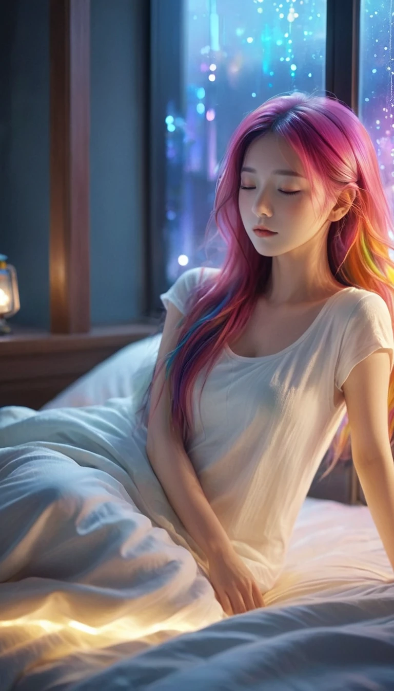 {{masterpiece}}, Highest quality, Highly detailed CG synthesis 8k wallpaper, Cinema Lighting,, A cute 20-year-old woman is sleeping in bed with her eyes closed,Blankets and pillows nearby,Close your eyes and sleep,There is a small window at the back,The night view can be seen from the window。 quiet night , Multi-colored hair, (colorful:1.5), (colorful hair:1.5),