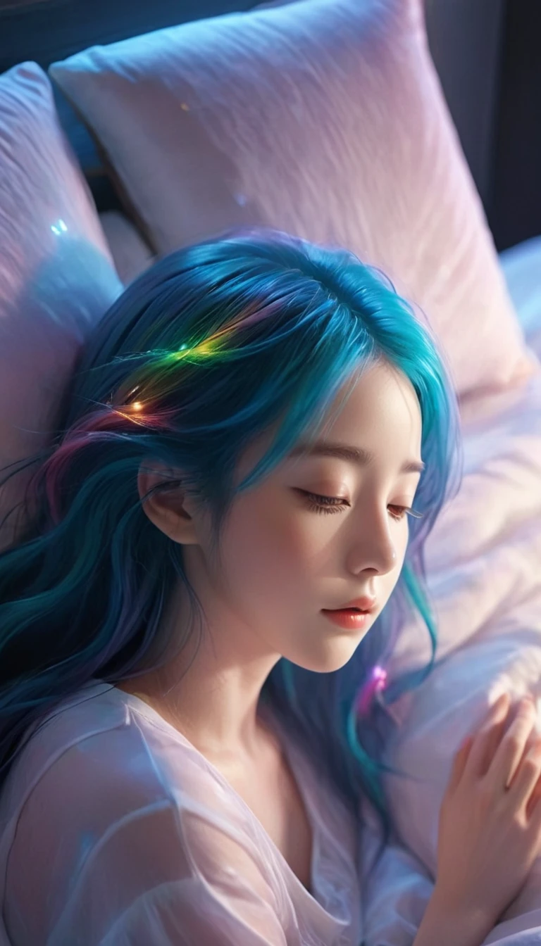 {{masterpiece}}, Highest quality, Highly detailed CG synthesis 8k wallpaper, Cinema Lighting,, A cute 20-year-old woman is sleeping in bed with her eyes closed,Blankets and pillows nearby,Close your eyes and sleep,There is a small window at the back,The night view can be seen from the window。 quiet night , Multi-colored hair, (colorful:1.5), (colorful hair:1.5),