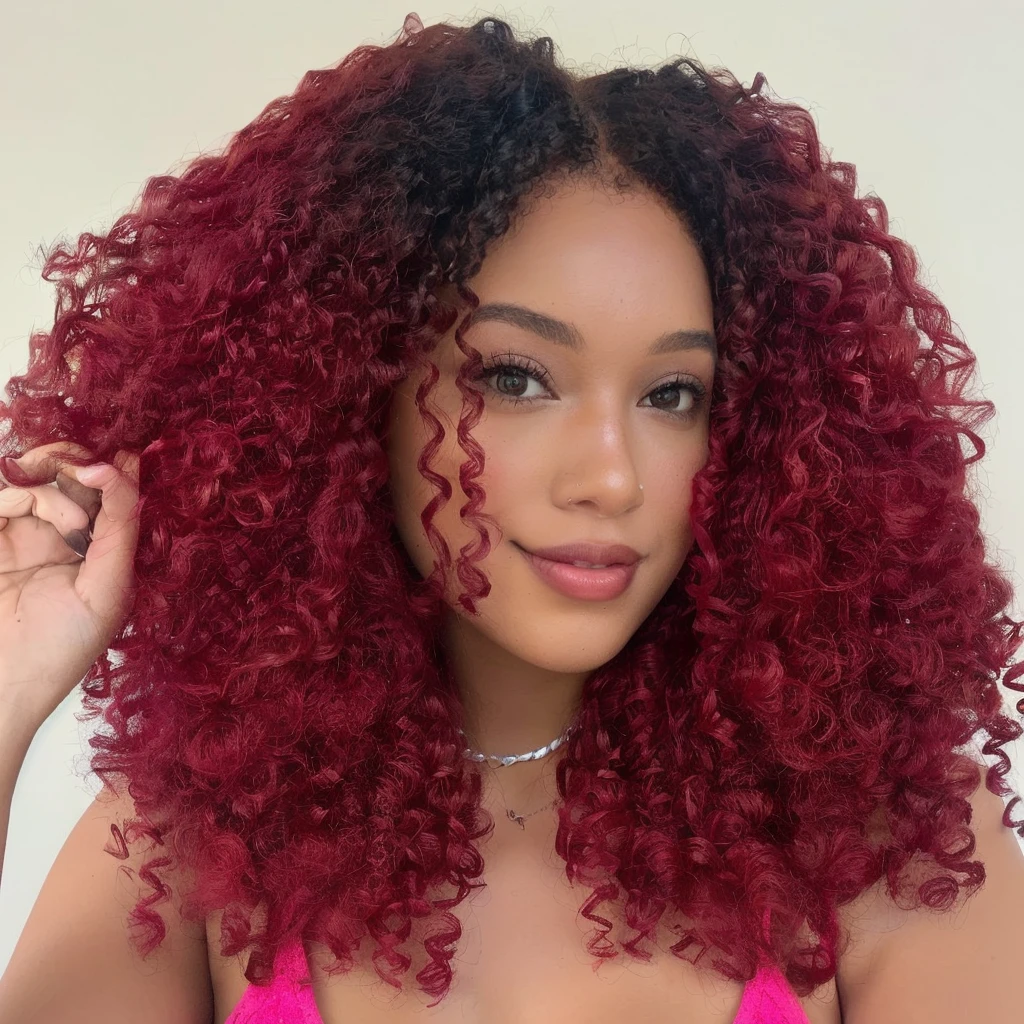 a close up of a woman with red curly hair and a pink top, with curly red hair, red curly hair, curly red hair, red afro, dark red color, curly afro, red wig, maroon red, curly haired, red colored, dark red, curly copper colored hair, curly, afro hair, curly hair, reddish, red color, two color hair