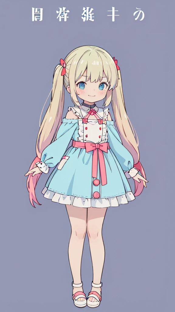 ((masterpiece))((Highest quality))girl、Smirk、blush、Flat Chest、Are thin、Blonde Hair、blush、Are standing、Whole body image、Eye level to the feet、front、No background、真frontのアングル、Blue clothes、Hair is two colors、Twin tails、Red Alice outfit