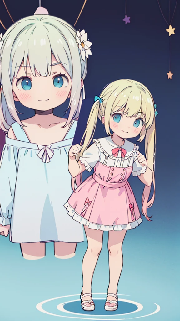 ((masterpiece))((Highest quality))girl、Smirk、blush、Flat Chest、Are thin、Blonde Hair、blush、Are standing、Whole body image、Eye level to the feet、front、No background、真frontのアングル、Blue clothes、Hair is two colors、Twin tails、Red Alice outfit