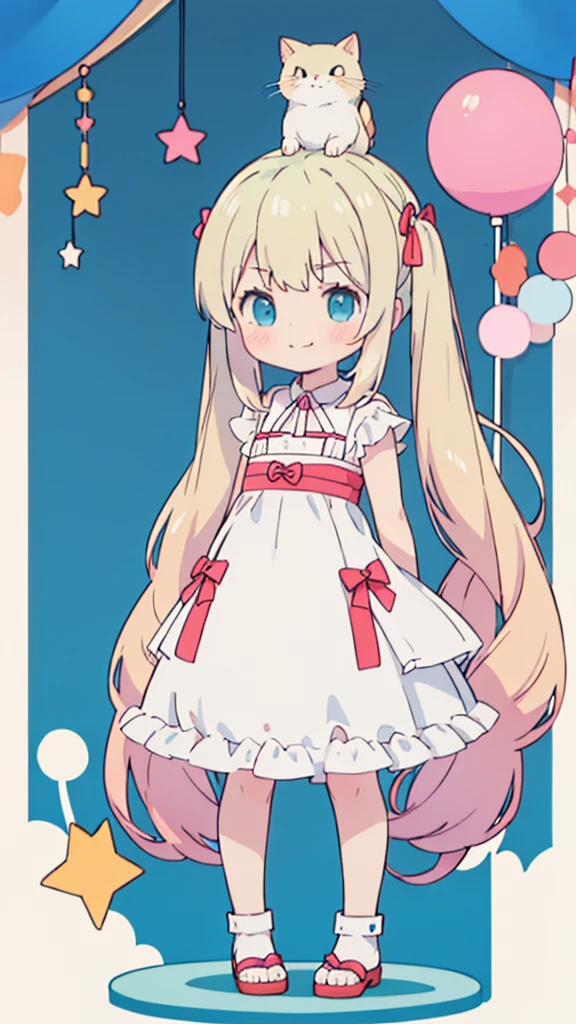 ((masterpiece))((Highest quality))girl、Smirk、blush、Flat Chest、Are thin、Blonde Hair、blush、Are standing、Whole body image、Eye level to the feet、front、No background、真frontのアングル、Blue clothes、Hair is two colors、Twin tails、Red Alice outfit