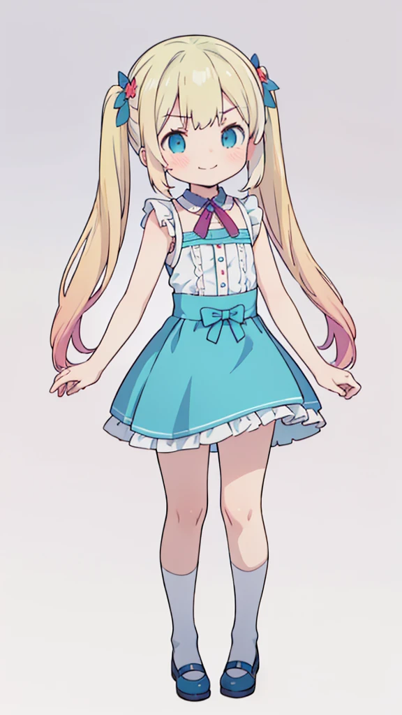 ((masterpiece))((Highest quality))girl、Smirk、blush、Flat Chest、Are thin、Blonde Hair、blush、Are standing、Whole body image、Eye level to the feet、front、No background、真frontのアングル、Blue clothes、Hair is two colors、Twin tails、Red Alice outfit