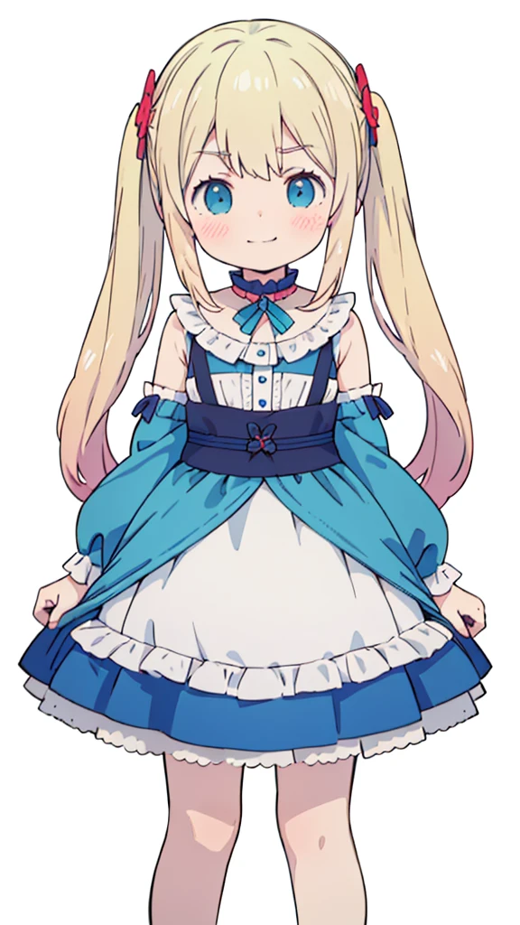 ((masterpiece))((Highest quality))girl、Smirk、blush、Flat Chest、Are thin、Blonde Hair、blush、Are standing、Whole body image、Eye level to the feet、front、No background、真frontのアングル、Blue clothes、Hair is two colors、Twin tails、Red Alice outfit