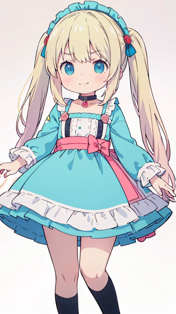((masterpiece))((Highest quality))girl、Smirk、blush、Flat Chest、Are thin、Blonde Hair、blush、Are standing、Whole body image、Eye level to the feet、front、No background、真frontのアングル、Blue clothes、Hair is two colors、Twin tails、Red Alice outfit