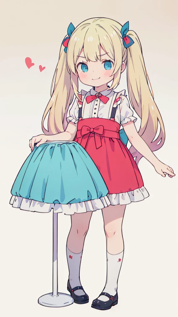 ((masterpiece))((Highest quality))girl、Smirk、blush、Flat Chest、Are thin、Blonde Hair、blush、Are standing、Whole body image、Eye level to the feet、front、No background、真frontのアングル、Blue clothes、Hair is two colors、Twin tails、Red Alice outfit