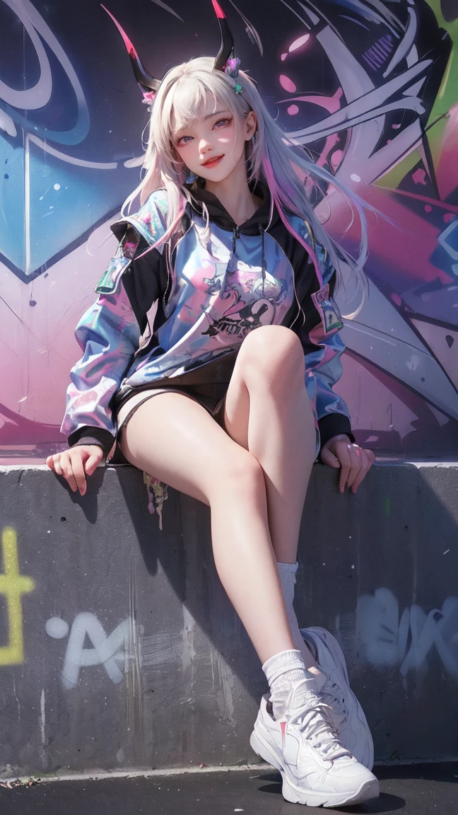 (best quality), masterpiece, Extremely detailed CG8K illustrations, High Color, Extremely High Color saturation, All colors are deepened, , Graffiti Art, Central Composition, Extremely detailed lighting, Graffiti Wall, Walls painted bright colors, 1 girl graffiti 1 girl looking at the wall, Very detailed face and eyes, Medium Length Hair, Sportswear, Colorful Clouds，Slightly fat