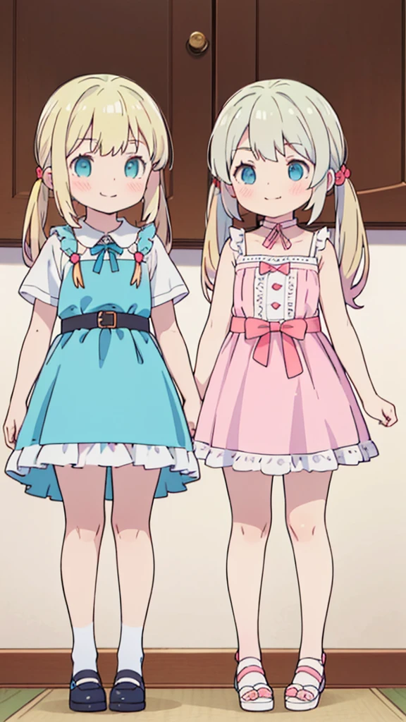 ((masterpiece))((Highest quality))girl、Smirk、blush、Flat Chest、Are thin、Blonde Hair、blush、Are standing、Whole body image、Eye level to the feet、front、No background、真frontのアングル、Blue clothes、Hair is two colors、Twin tails、Red Alice outfit