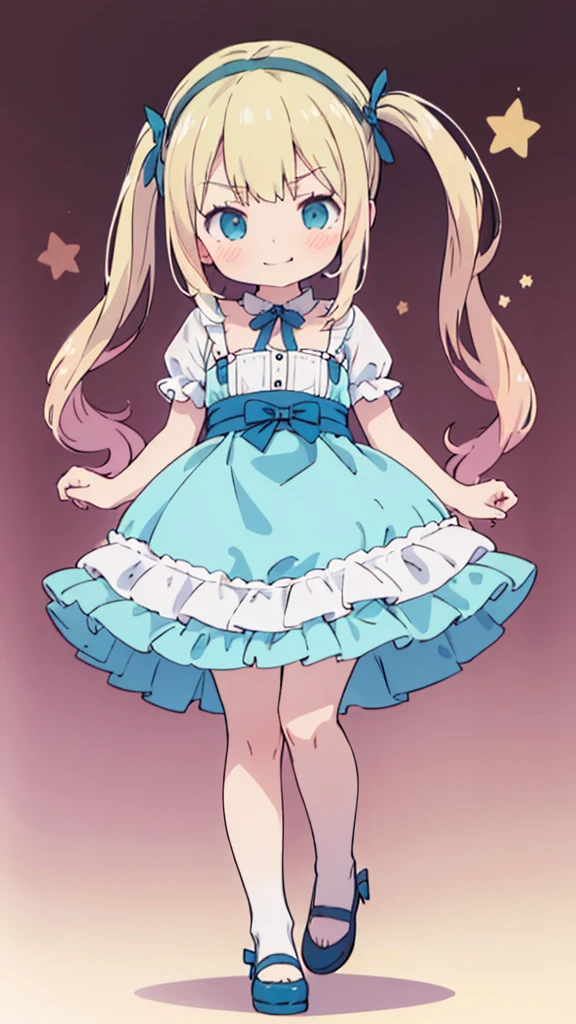 ((masterpiece))((Highest quality))girl、Smirk、blush、Flat Chest、Are thin、Blonde Hair、blush、Are standing、Whole body image、Eye level to the feet、front、No background、真frontのアングル、Blue clothes、Hair is two colors、Twin tails、Red Alice outfit