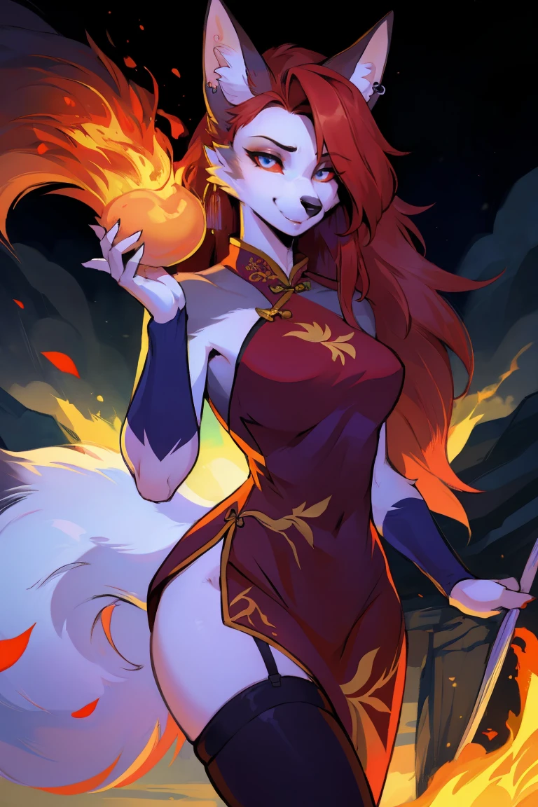 (fox_girl:1.2),Beautiful figure,Height 193 cm,Fire Spirit Portrait, Long flowing red hair, Eye闪着红光,close_up, (Fiery red Chinese cheongsam:1.2),淡淡的Smile, Mature body,masterpiece,best quality,Official Art,illustration,Clear lines,(Cool_color),Perfect composition,ridiculous,fantasy,detailed_Eye,charming_ear,Wolf_ear,leggings,Fluffy_fur,earrings,Upper Body,garter,颈garter,(perfect detailed Eye:1.5),(front:1.5),(woman): Solitary, (Perfect face), (Detailed clothing), (20 years old), Smile,Perky, medium-sized breasts, Fit hourglass figure, (Clear focus), (Perfect hands), (完美的Eye), (Mother:1.2)