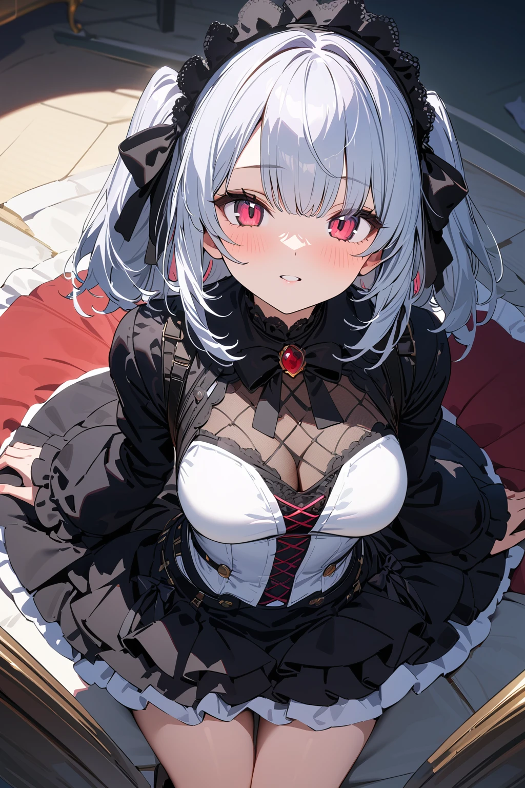 (masterpiece, best quality:1.5), (ultra detailed, high resolution, 8k, beautiful detailed, UHD, best anatomy), white bobo cut hair, medium breasts, 1 cute small girl, thin Gothic ta, from above, upturned eyes, eyes mismatched in colour