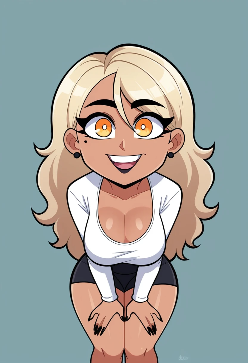 Expressiveh, egirlthot, chibiIcon, , score_9, score_8_up, score_8, (top quality,8k wallpaper),(masterpiece,best quality:1.2), ((source_anime, anime)), 1girl, , goat pupils, gyaru, ((very light blonde hair, long hair, )), old, mother, milf, , ,, tan skin, makeup, tan skin, saggy breasts, saggy, amused eyes, amused smile, , , wide eyes, jealous, jealousy, very jealous, yandere, , , , , obsessive, , black mascara, black eyeliner, yellow eyes, , , , , big sister, , large eyes, beauty mark, , giggling, laughing, leaning , , athletic , long fingernails,s1z3d1ff_t4lk, taller girl, standing, legs straight, bent forwards, arched back, hands on knees, , [[from below]:0.5], pov, eye contact, chibi, icon, cartoon, big head, wide hips, wide torso, plump, big eyes,