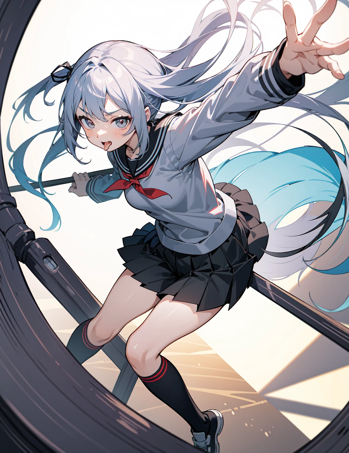 Female anime character wearing grey shirt and black shorts, 诱人的Anime Girl,Raise your hands， Biye gesture，Stick out your tongue，hyperPractical schoolgirl, Edge anime style, a hyperPractical schoolgirl, 蹲着的美丽Anime Girl, Practical , Anime cute art style, Beautiful anime high school, Edge, Anime Girl, Edge style, Best Girl in Anime, Anime Girl蹲着