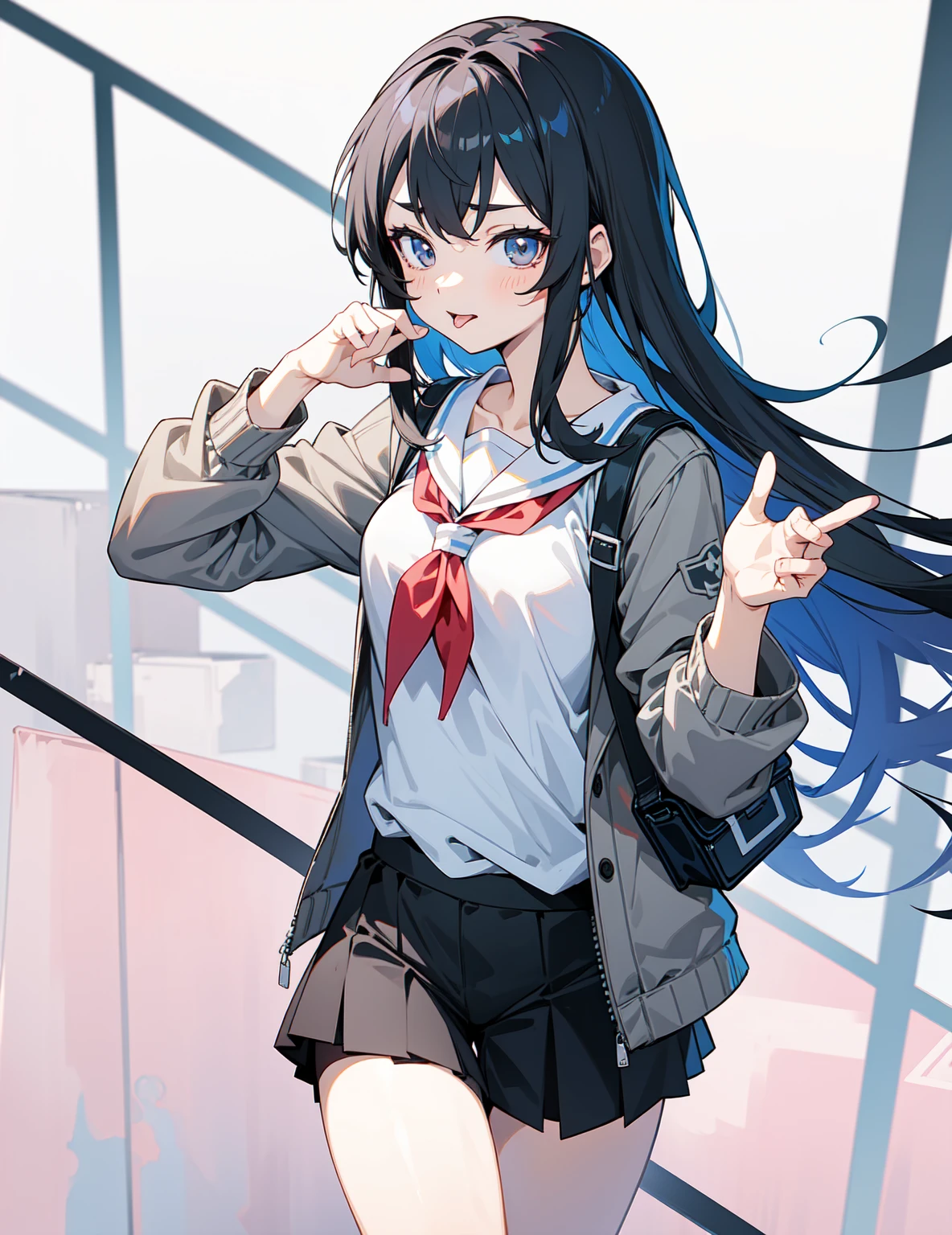 Female anime character wearing grey shirt and black shorts, 诱人的Anime Girl,Raise your hands， Biye gesture，Stick out your tongue，hyperPractical schoolgirl, Edge anime style, a hyperPractical schoolgirl, 蹲着的美丽Anime Girl, Practical , Anime cute art style, Beautiful anime high school, Edge, Anime Girl, Edge style, Best Girl in Anime, Anime Girl蹲着