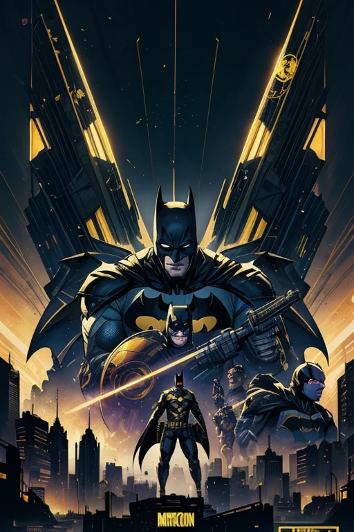 Batman, urban Comics, black and gold flag ornaments, Marvel, sci fi, highly technology, iconographic, glitch background, , watercolor, ink, mist, interactive image, highly detailed, art style by Clayton Crain + Ross Tran + Rachel Walpole + Jeszika Le Vye + Dan Volbert + Simon Stalenhag + Brian Stelfreeze