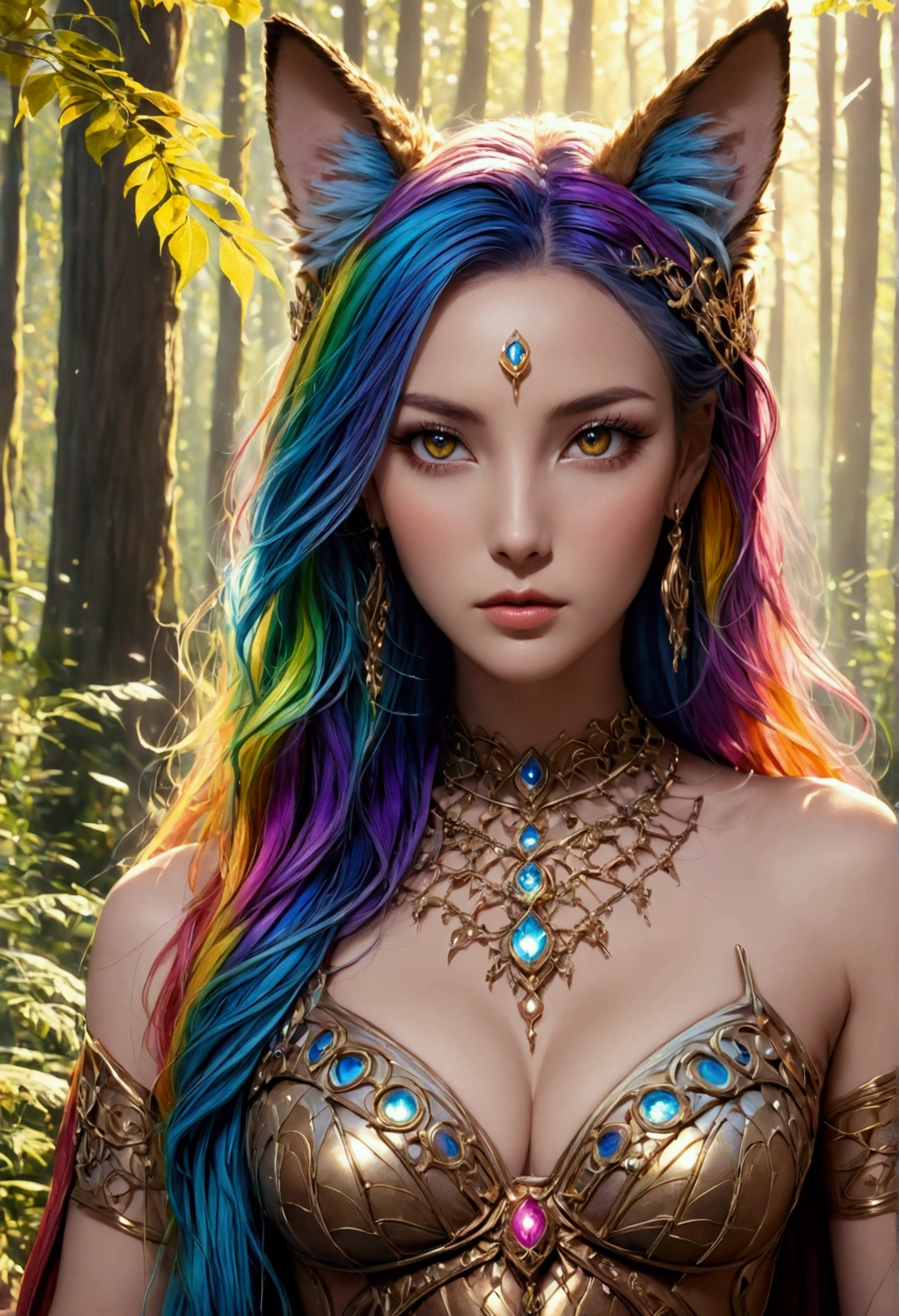 A beautiful, enchantingly elusive humanoid faunus woman, every aspect exudes magic in the midst of danger: shimmering rainbow fur, ethereal golden horn, and eyes that seem to hold the secrets of the universe. The mystical creature is surrounded by a lush, enchanted forest, bathed in the soft light of the setting sun, creating a dreamlike atmosphere that transports viewers to a realm of fantasy and wonder. This breathtaking image is a digital painting that captures the essence of the mythical creature with stunning detail and masterful technique, making it a truly mesmerizing work of art.
