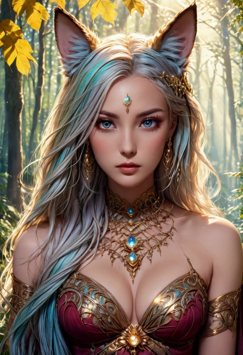 A beautiful, enchantingly elusive humanoid faunus woman, every aspect exudes magic in the midst of danger: shimmering rainbow fur, ethereal golden horn, and eyes that seem to hold the secrets of the universe. The mystical creature is surrounded by a lush, enchanted forest, bathed in the soft light of the setting sun, creating a dreamlike atmosphere that transports viewers to a realm of fantasy and wonder. This breathtaking image is a digital painting that captures the essence of the mythical creature with stunning detail and masterful technique, making it a truly mesmerizing work of art.
