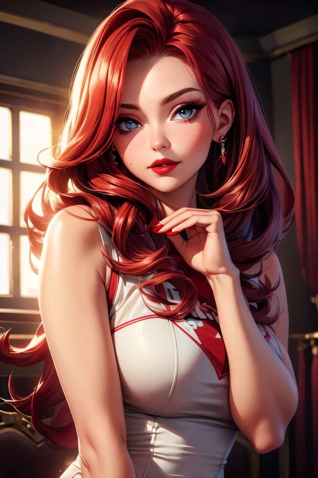 Miss Fortune, CG 8k ultra-realista, beautiful woman, seductive eyes, make-up, red lips, casual clothes