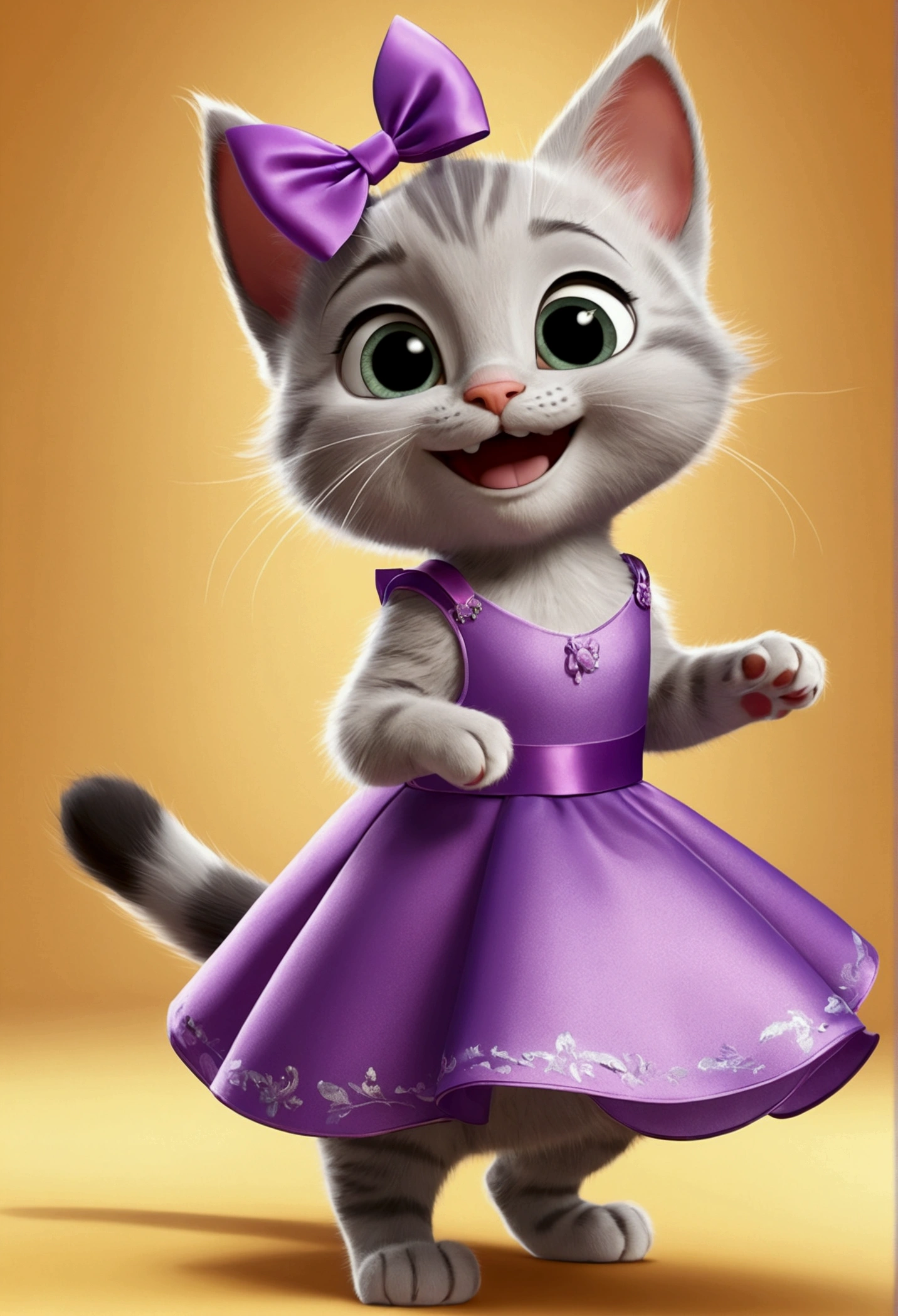 Create in 3D, Ultra HD, Disney-Pixar Style, kitten, She is smiling, charisma, Sarcastic, speak with ridicule, She is wearing a dress and sandals, She has a shiny ribbon on her head